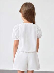 2 Stücke Set mit Kleine Mädchen Top mit rundem Ausschnitt und aufgeblähten Ärmeln und lässiger weiter Hose - Weiss - Übersicht 6