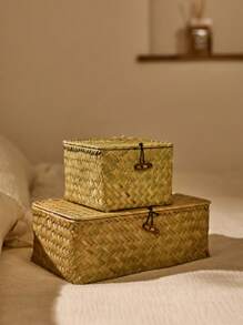 Cirelle 1pc Japanese Style Desktop Storage Box Hand-Woven Coffee Table Snack Sundries Storage Basket Straw Woven Lid Storage Basket, Rama Comfort Home, Back To School Use, Dorm Essentials, Summer Home Decor - Yellow - View 1