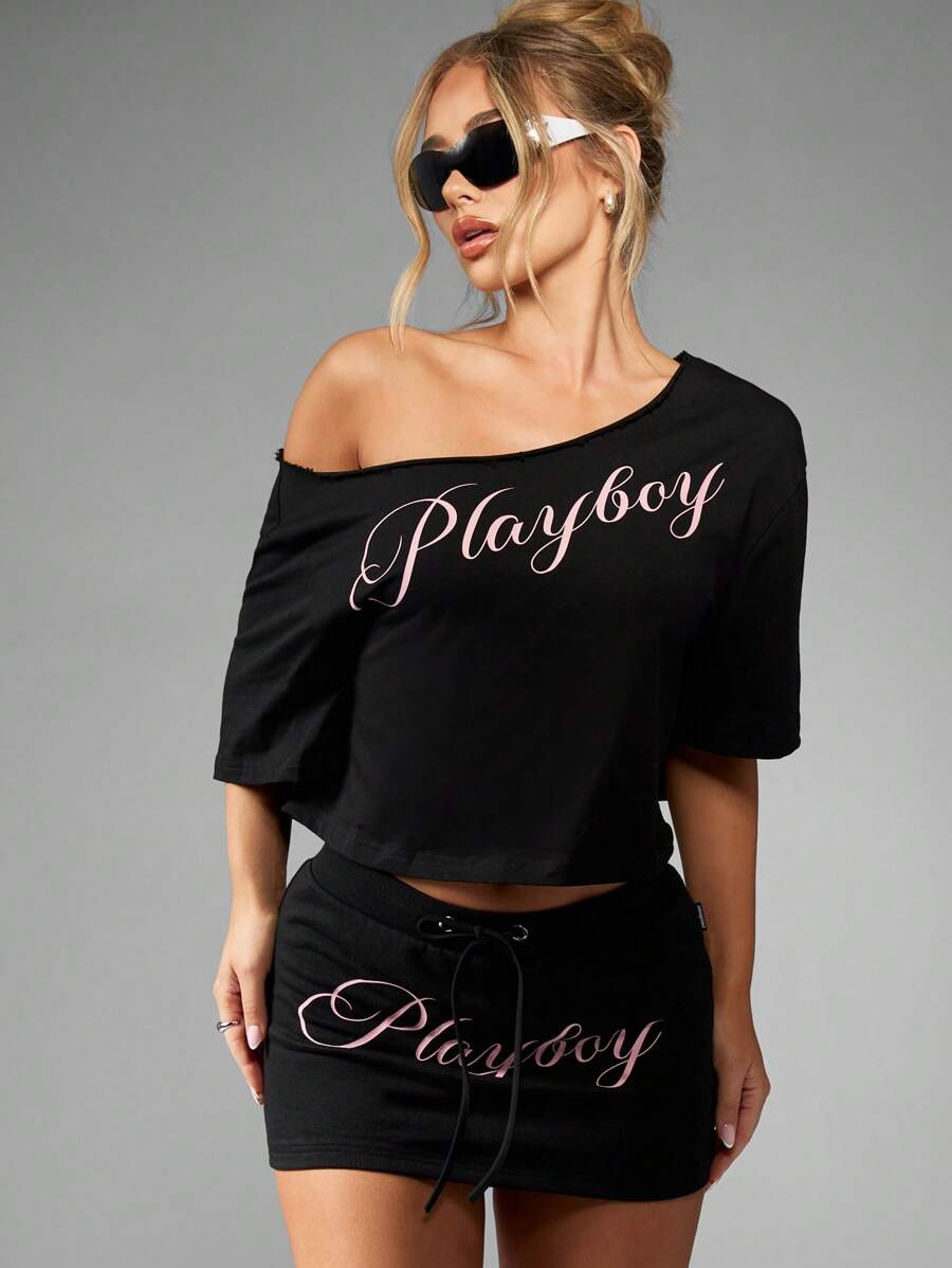 Missguided x Playboy Off Shoulder Distressed Crop Top Summer Spring Casual Festival Athleisure Street Style - Black - View 1