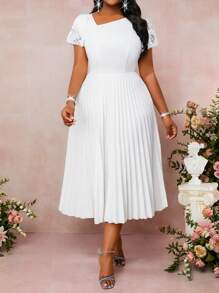 Fleurora Women Plus Size Solid Color Asymmetric Collar Short Sleeve Pleated Hem Elegant Dress Flowy Dress Cruise Outfits Women Women Formal Party Dress Women Party Dresses Women's Formal Dress Women Formal Dress White Party Dress - White - View 3