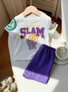 SHEIN 2pcs Baby Boys Summer Casual Sports Cartoon Basketball Print Short Sleeve T-Shirt With Elastic Waist Purple Shorts Set Outfit For Toddler Toddler Clothes Toddler Sets Summer Toddler Football Outfit Toddler Clothing - Multicolor - View 8