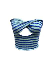 INAWLY Women Casual Striped Print Hollow Out Twist Cropped Knit Sweater