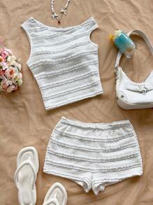 SHEIN x Eduarda Gutierrez Soleia 女士两件套度假套装：红白条纹针织露肩上衣和超低腰紧身短裤，适合派对、圣诞节、情人节、约会、海滩、游轮、狂欢节、复活节 - 白色 - 查看 3