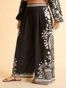 CAJUNI Plus Size Women Tropical Coconut Tree Printed Casual Wide Leg Extra Long Beach Pants