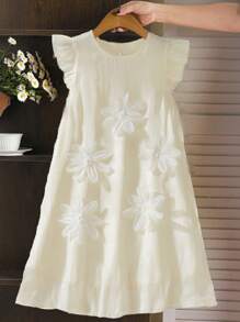 女童5朵3D装饰白色优雅夏装 - 白色 - 查看 3