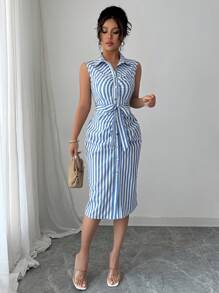 Elenzga Women's Plaid Single-Breasted Belted Sleeveless Midi Shirtdress - Blue - View 3