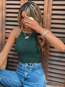SHEIN Frenchy Top à bretelles avec encolure dégagée et empilement de dentelle pour femmes - Vert sapin - Voir 7