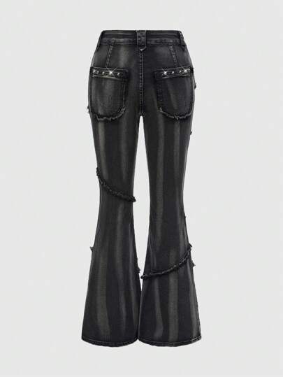 Grunge Punk Pantalones vaqueros ajustados y acampanados con lavado vintage, decorados con remaches, estilo punk rock Y2K