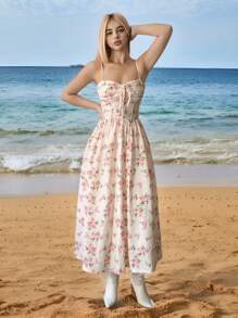 Sweetina Abito estivo da donna con fantasia floreale ditsy, spalline sottili, dettaglio di cucitura a lisca di pesce, senza maniche