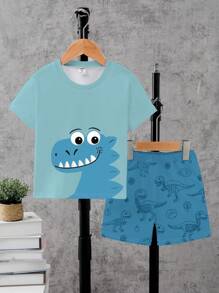 SHEIN Playful Pals 1 Set Toddler Boys Cute Cartoon Dinosaur Head And Dinosaur Skeleton Print Short Sleeve T-Shirt And Shorts Set, Lightweight Casual For Spring/Summer Wear