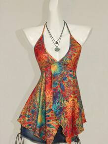 SHEIN ICON Y2K 外出西部波西米亚嬉皮海滩夏威夷乡村音乐会娃娃装扎染女士夏季假日印花露背挂脖吊带背心上衣 - 彩色 - 查看 7