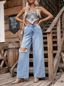 LanaWest Women Distressed Wide Leg Jeans, Fashionable For Summer - Light Wash - View 3