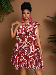 Maweii Plus Size Women Striped Print Ruffle Trim Asymmetrical Shoulder Sleeveless A-Line Dress - Multicolor - View 4
