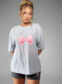 Missguided x Playboy 超大蝴蝶结设计 T 恤，复古美感运动休闲装，休闲运动图案短袖，自 1953 年起印有标志的街头服饰