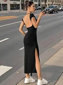 SHEIN EZwear 素色高衩露背緊身連衣裙 - 黑色 - 查看 6