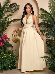 SOLERSUN 女士纯色露背 V 领度假海滩十字结露背长裙度假海滩装 - 杏色 - 查看 8