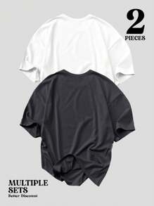 Manfinity Homme 2 件男士休闲街头时尚字母印花落肩宽松 T 恤，夏季男士复古 T 恤 - 灰色 - 查看 2