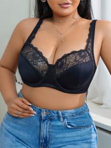 1pc Plus Size Supportive Wireless Lace Patchwork Comfortable Bra For Large Bust - Black - View 3