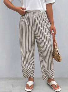 SHEIN LUNE 大码夏季条纹不对称袖口七分裤，时尚休闲舒适，条纹印花休闲日常穿着女士夏季长裤 - 彩色 - 查看 5
