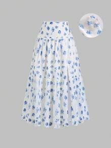 SHEIN Sweetro Falda evasé de estilo campestre francés con estampado floral menudo, silueta estilizante para primavera y otoño con caída fluida - Multicolor - Ver 1