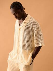 Musero Men Oversized Crochet Knit Button Through Short Sleeve Shirt Spring Summer Vacation Holiday Smart Festival Ibiza - Apricot - View 2