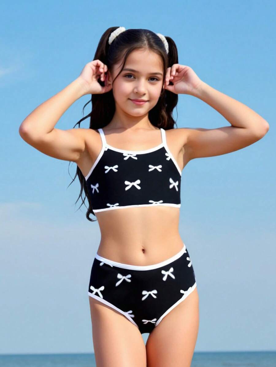 Girls' Butterfly Pattern Adjustable Strap 2Pcs Swimsuit Set - Multicolor - View 1