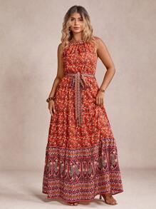 SHEIN VCAY 大码无袖全身复古印花休闲时尚连衣裙女士西式服装波西米亚风女装乡村演唱会服装热带度假女装 - 紅木色 - 查看 5