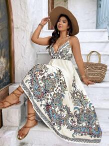 SHEIN LUNE Plus Size Deep V-Neck Print Adjustable Waist A-Line Dress, Suitable For Outing, Vacation, Dating And Party - Multicolor - View 8