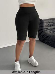 SHEIN PETITE CURVE Plus Size Women Plain Color Casual Basic Leggings, Suitable For Summer Short Leggings Mid-Thigh Shorts, Suitable For People Of Shorter Stature