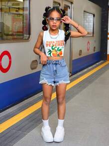 SHEIN Shorts vaqueros de verano informales azules con cierre de cremallera para niñas