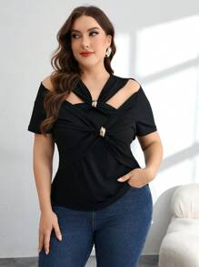 Modelyn Plus Size Asymmetrical Design Twist Knot Metal Button Fitted Elegant T-Shirt, Spring/Summer - Black - View 3