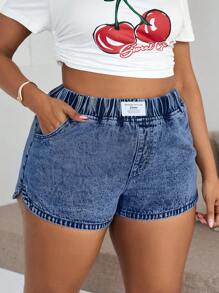 SHEIN ICON Pantaloni scurți casual mulați din denim albastru, mărime plus