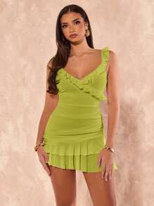 SHEIN BAE 女士纯白色性感深 V 领荷叶边不对称下摆无袖连衣裙、白色长裙、度假连衣裙、毕业/返校连衣裙、伴娘礼服、春夏 - 橄欖綠 - 查看 6