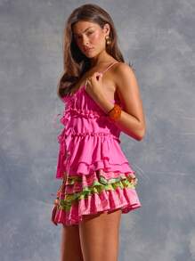 MUSERA Spaghetti Strap Frill Trim Detail Mesh Top Ibiza Y2k Cool Girl Festival Rave Vacation Club Cute Holiday Going Out Tops Party Fall Spring Summer - Pink - View 3