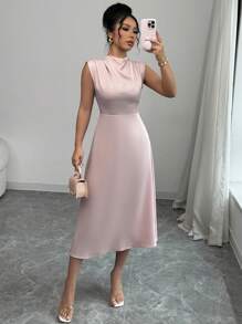 Elenzga Romantic Elegant Draped A-Line Midi Dress - Pink - View 9