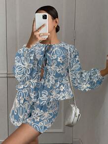 SHEIN Frenchy Bộ 2 quần yếm và áo cánh buộc dây phía trước họa tiết hoa dành cho nữ - Màu xanh lam - Xem 5