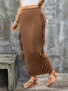 Breezaya Plus Size Women's Western Style, Music Festival Rock & Roll Fringe Design Stretch Fitted Solid Color Knit Mini Skirt