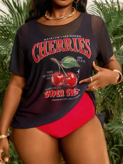 Slaydiva Plus-Size Women's 3-Piece Set With Cherry Print Round Neck Mesh Cover-Up, Paired With A Black Double-Strap Top And Red High-Waisted Pants For Summer Beach Vacation.