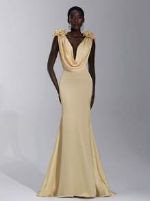Elitara Elegant Champagne Gold Spring Satin Floral Sculptural Shoulders Draped Neck Backless Fishtail Dress,Formal Event Prom Wedding Bridesmaid Graduation - Yellow - View 1