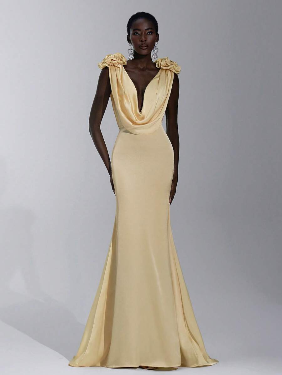 Elitara Elegant Champagne Gold Spring Satin Floral Sculptural Shoulders Draped Neck Backless Fishtail Dress,Formal Event Prom Wedding Bridesmaid Graduation - Yellow - View 1