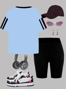 SHEIN Set de 2 piezas de camiseta de manga corta y shorts casual minimalista para niñas preadolescentes, apto para el verano - Multicolor - Ver 2