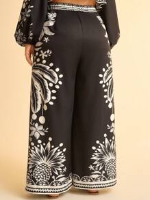 CAJUNI Plus Size Women Tropical Coconut Tree Printed Casual Wide Leg Extra Long Beach Pants