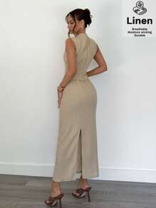 SHEIN Essnce Women Summer Breathable Two Pieces Set With Sleeveless Shirt & Slit Skirt | Business Casual Elegance, Old Money Aesthetic, 2025 Summer - Khaki - View 6