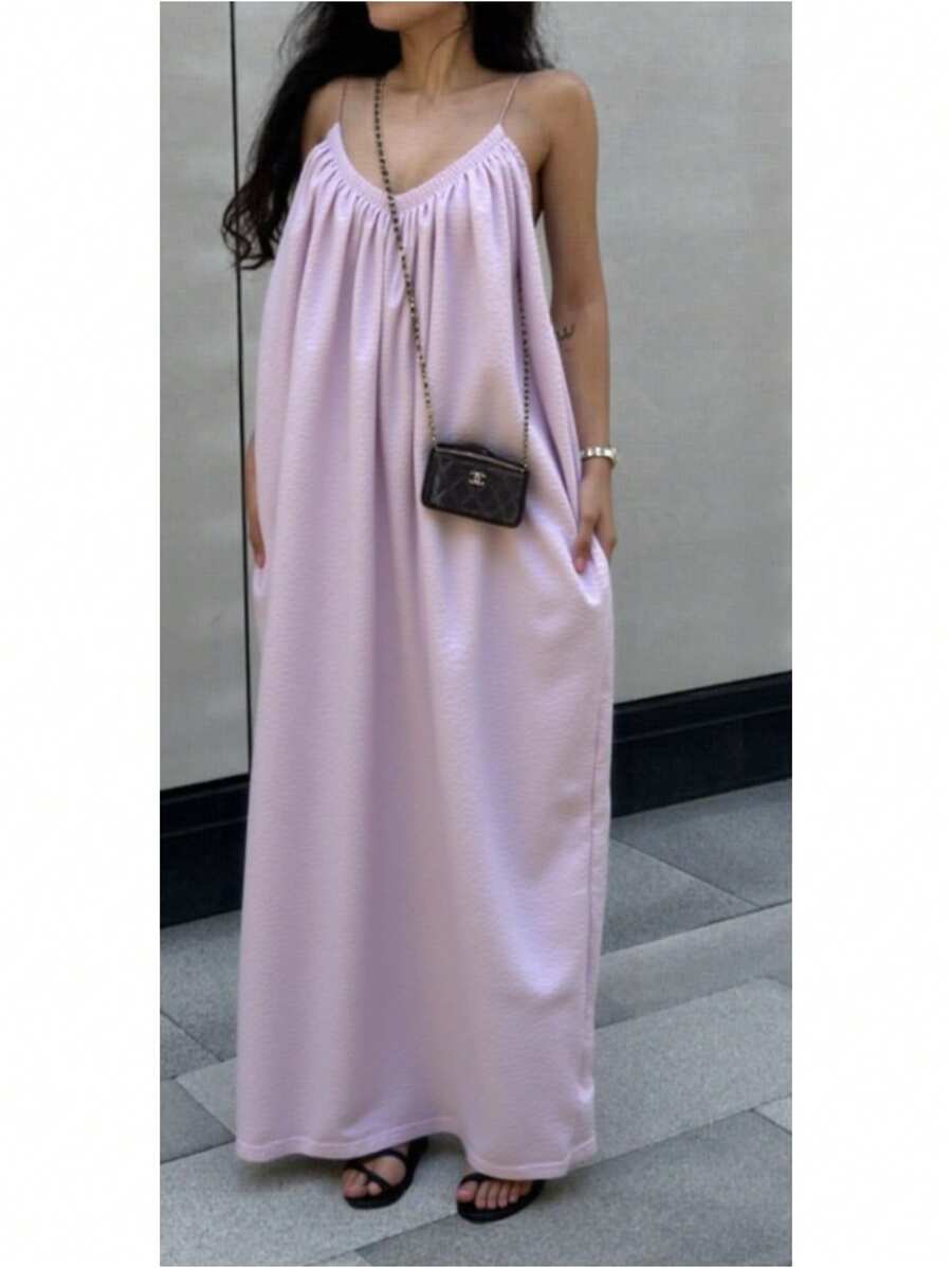 INAWLY Lässig romantischer Urlaubsstil Rosa V-Ausschnitt ärmelloses Kleid