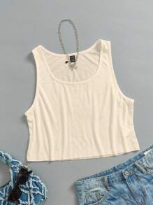 SHEIN EZwear Áo hai dây dáng rộng màu mơ cho nữ, cổ chữ U rộng, thích hợp cho mùa hè - Màu be - Xem 8