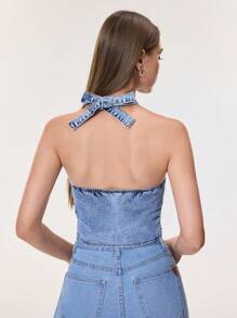 SHEIN MOD 女式休闲挂脖式后系带前扣牛仔衬衫 - 淺色水洗藍 - 查看 5