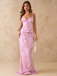 SHEIN BAE Solid Color Sequined Camisole Tank Top For Women, Backless Camisole, Floral Print Camisole, Backless Crop Top For Beach Vacation, Summer