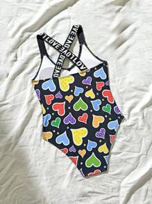 SHEIN New Fashionable Girls' Allover Heart Print One Piece Swimsuit - Multicolor - View 2
