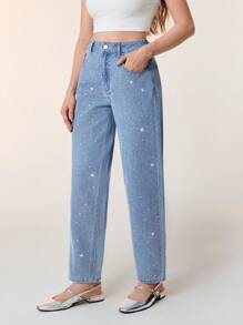 Selenza Washed Distressed Rhinestone Jeans, Casual Tapered Pants - Blue and White - View 2