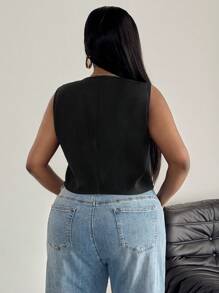 SHEIN PETITE CURVE 大码女式休闲纯色无袖上衣，夏季，商务休闲，适合情人节、夏季假期、派对、婚礼及活动、毕业典礼等场合，优雅休闲，黑色上衣 - 黑色 - 查看 2